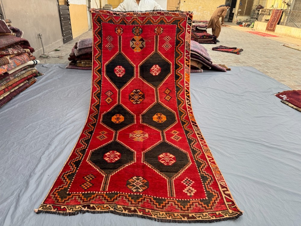 Vintage Turkish Inspired Caucasian Medallion Wide Runner Rug, Tribal Display Rug