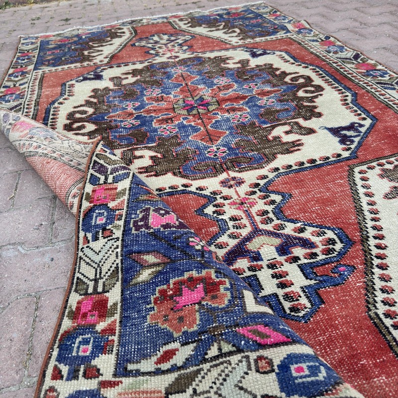 4x7 Terracotta Blue Wool Vintage Turkish Geometric Floral Handmade - Tariff Free gallery