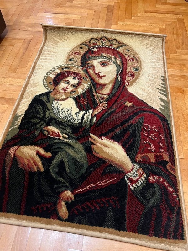 Vintage Woven Religious Tapestry Rug Mother of God with Infant Christ Thick Wall gallery