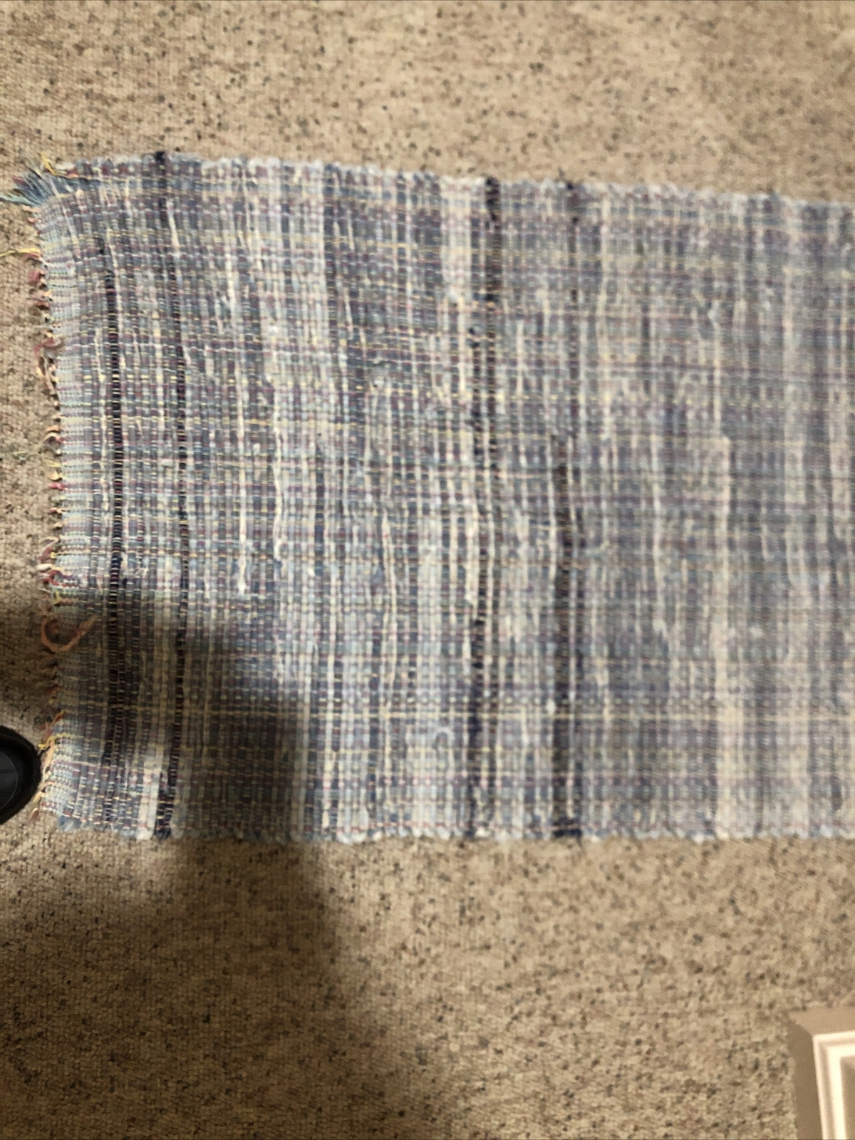 VTG HAND LOOMED DENIM RAG FLOOR RUG BLUE FARMHOUSE 1970s #6 26 X 63 1/2" USA gallery