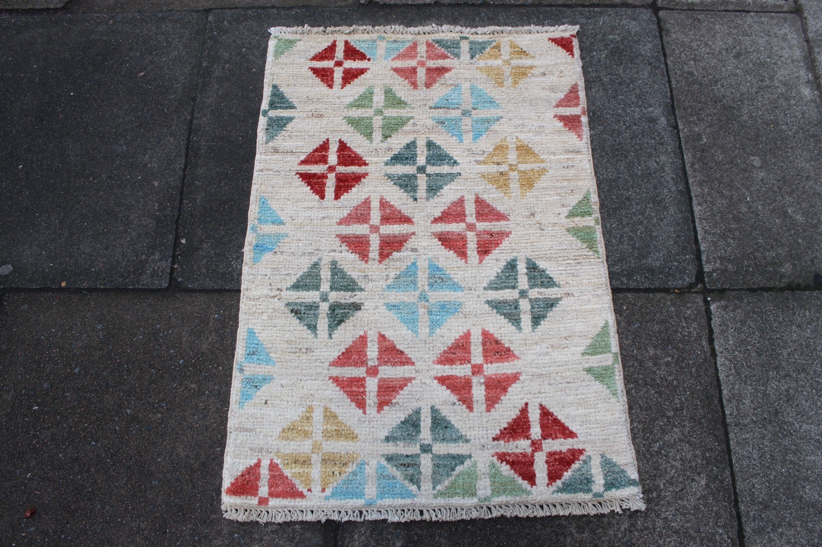 Vintage Traditional Hand Made Oriental Gabbe Wool Beige Blue Red Rug 86x62cm gallery