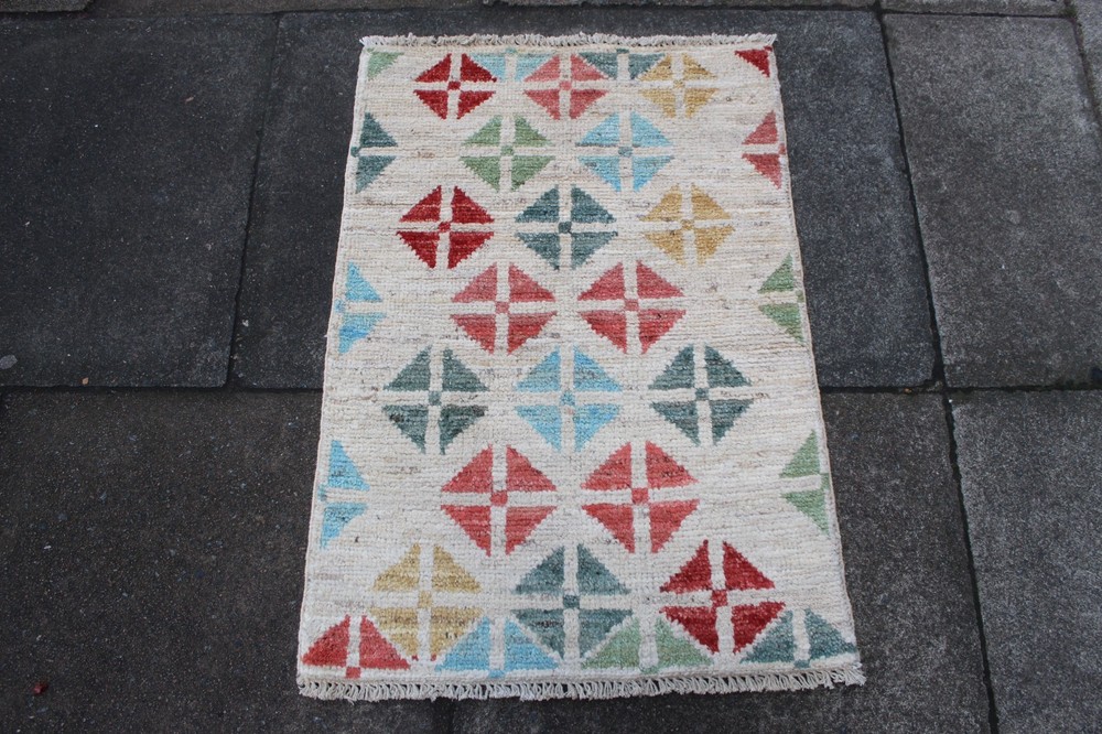 Vintage Traditional Hand Made Oriental Gabbe Wool Beige Blue Red Rug 86x62cm