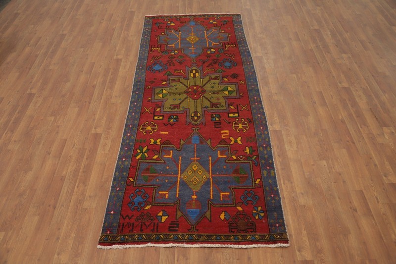 Geometric Wool Red Runner Rug 9 ft Hand-made Vintage Traditional Carpet 4x9 gallery
