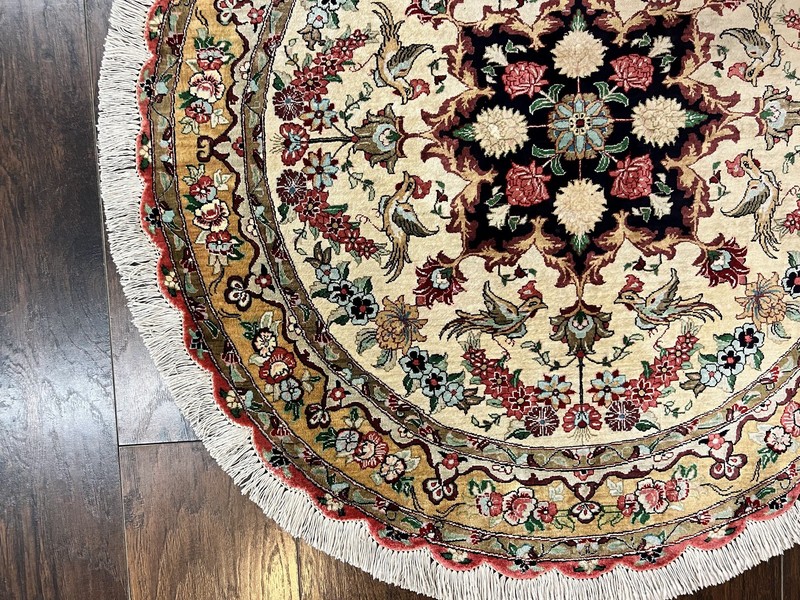 Silk Round Rug 3x3 Very Fine Handmade Carpet 380 KPSI Cream Gold Bird Pictorials gallery