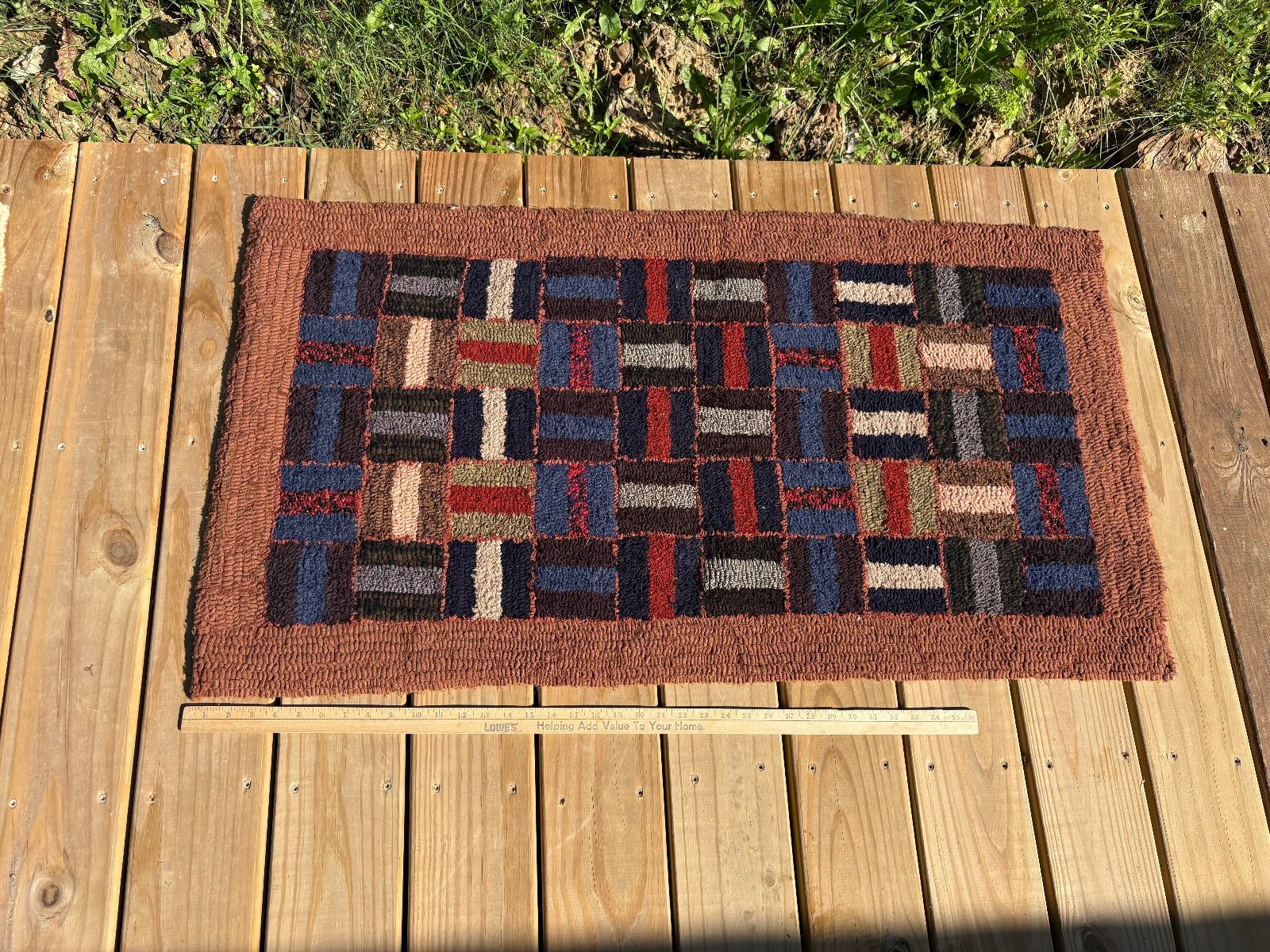 Vintage Bars in Squares Geometric American Hooked Rug 46'' X 25'' Antique 1940's gallery