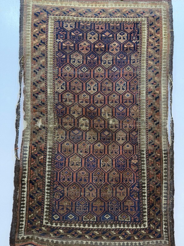 Antique Rare Collectible Hand Knotted Afghan Baloouch Distressed Worn Rug gallery