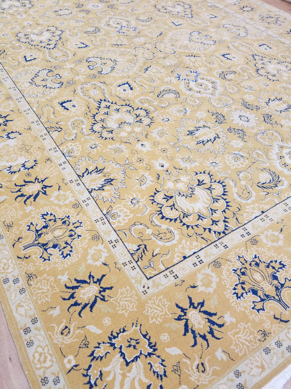 Handmade Hand-Woven Yellow and Blue Oriental Rug 9x12 gallery