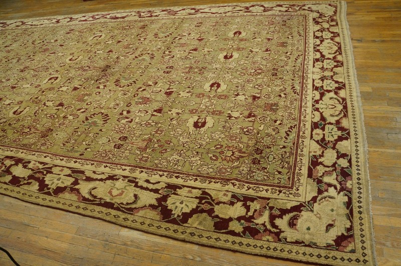 Antique Indian Agra Carpet 11'×29' Celadon & Burgundy, Geometric, Circa 1890 gallery