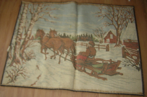 VINTAGE PRIMATIVE RUG 40"x54" DRAFT HORSE BOBSLED SLEIGH Made in Belgium gallery