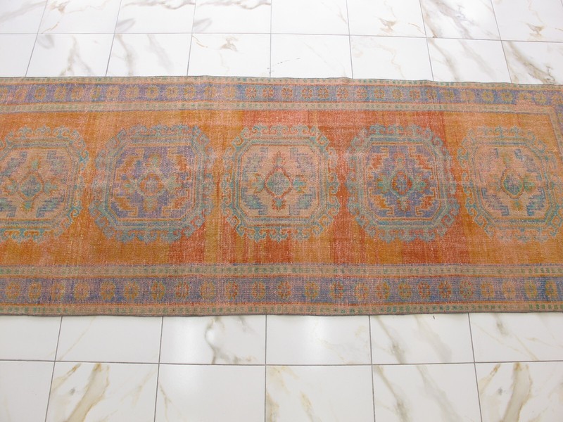 Old Muted Oushak Runner Rug Oriental Orange Wool Antique Decor Hallway Carpet gallery