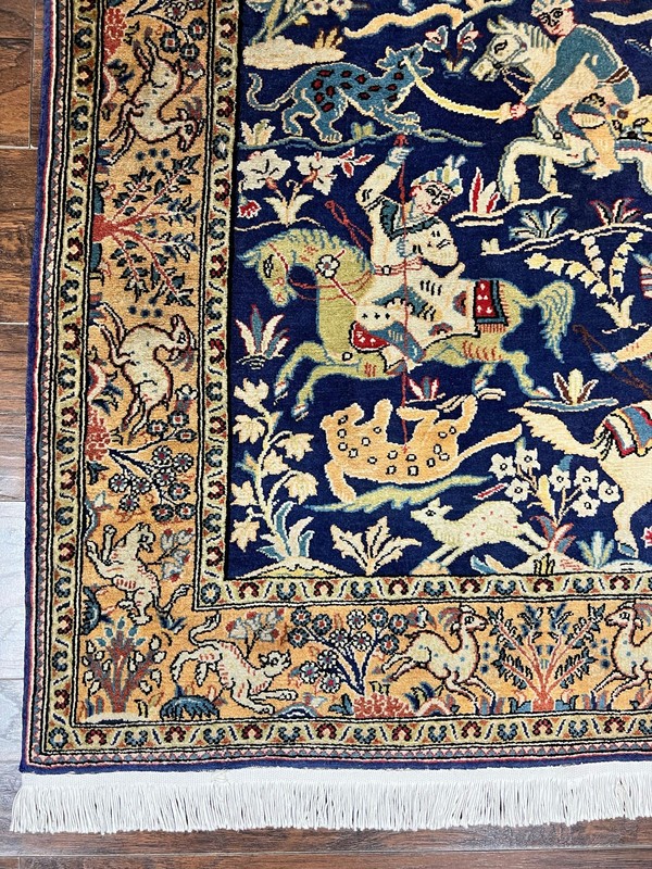 Oriental Rug 4x5 Vintage Wool Handmade Hunting Design Carpet Navy Blue & Mustard gallery