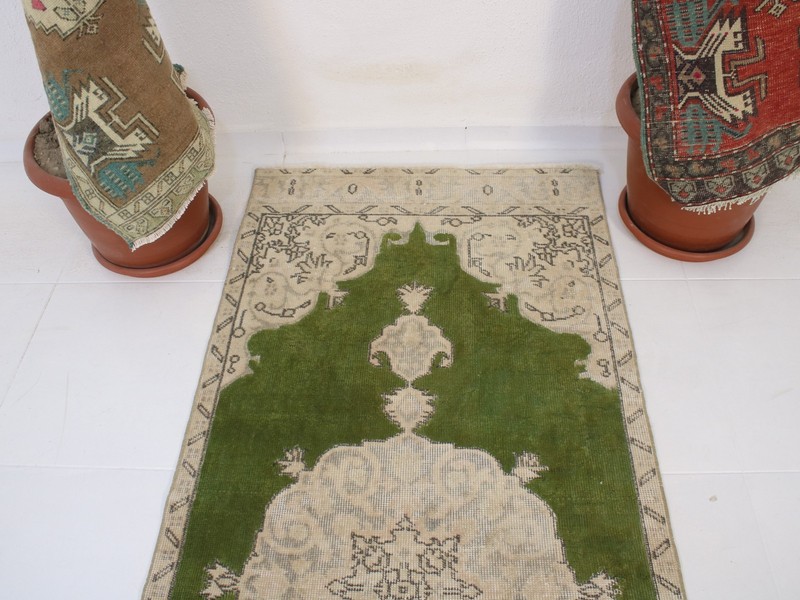 Vintage Turkish Accent Rug 2.7x6.6 ft | Handmade Wool Green Beige Rug | 83x203 gallery