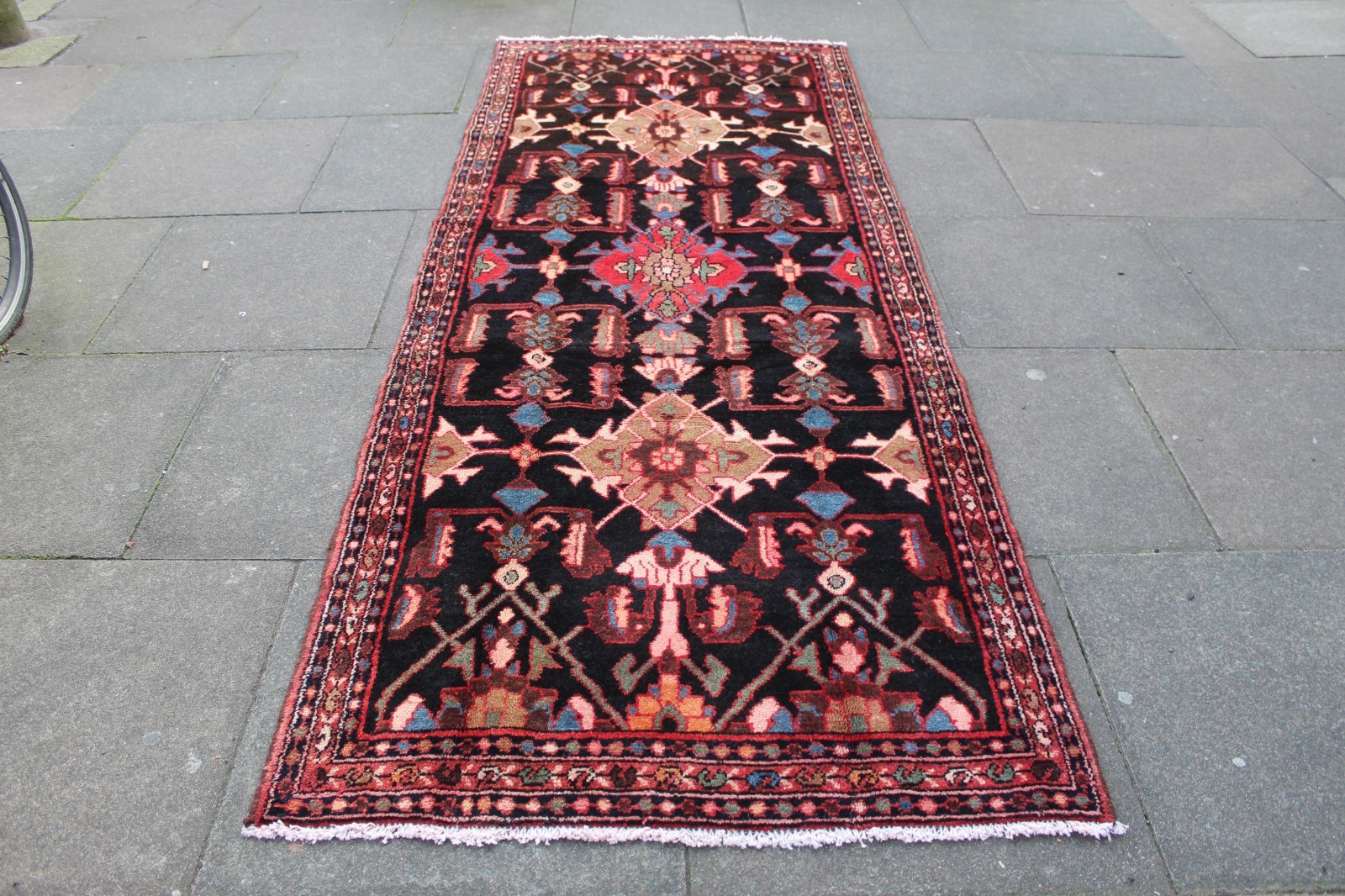 Vintage Hand Made Traditional Oriental Wool Black Red Long Rug Runner 288x110cm gallery