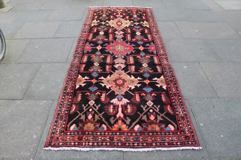 Vintage Hand Made Traditional Oriental Wool Black Red Long Rug Runner 288x110cm