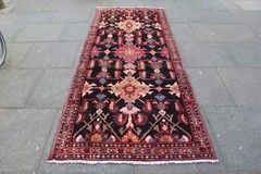 Vintage Hand Made Traditional Oriental Wool Black Red Long Rug Runner 288x110cm