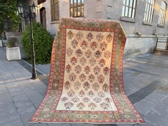 6.8×10 Vintage Turkish Nomadic Rug Ivory Sage Green Tribal Wool Area Carpet