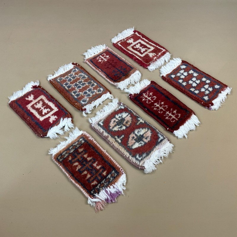 Vintage Miniature Oriental Rugs x8 Handwoven Wool Tabletop Decor Red Mats Set gallery
