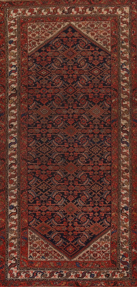 Semi-Antique Navy Blue/ Ivory Wool Malayer Living Room Rug 5x11 Traditional Rug