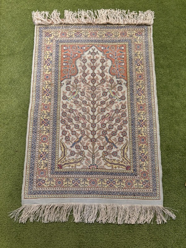Vintage Turkish Tree of Life Prayer Rug Silk, Ready to Hand, 24.5 x 16.5" gallery