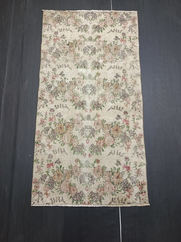 Beige Turkish Vintage Floral Carpet, 3x5.8ft, Antique Handmade Oriental Rug, gallery