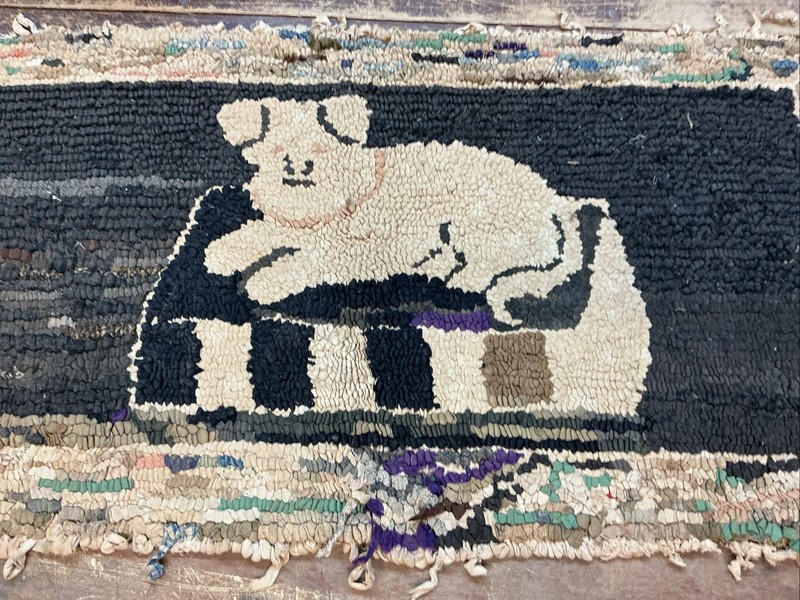 Antique American Hooked Rug - Sheep Pig Farm Country Primitive Weave Rug 39”x21” gallery