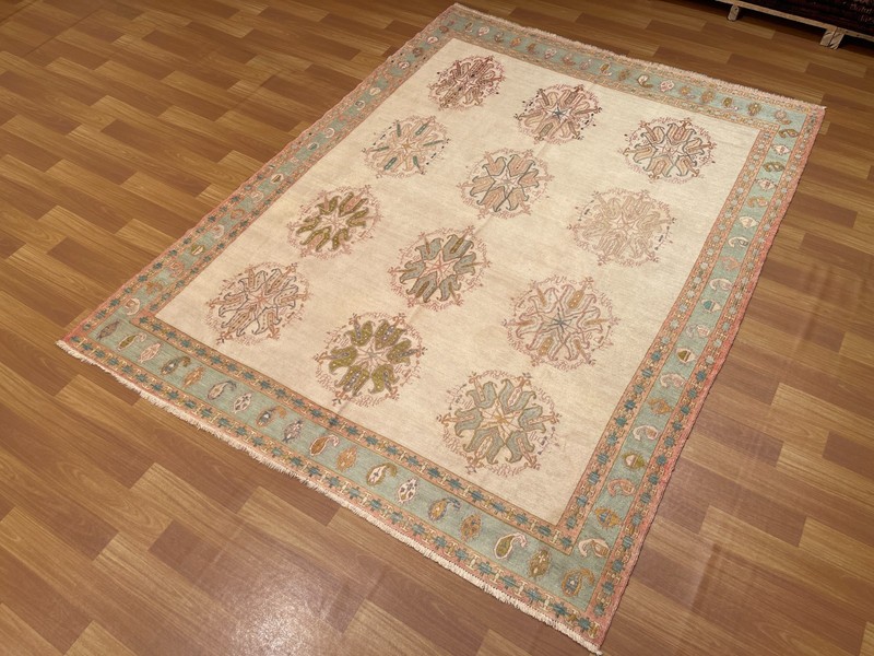 5x6 ft Antique Handwoven Kashmiri Pure Silk Kilim Rug Fine Ivory Floral Carpet gallery