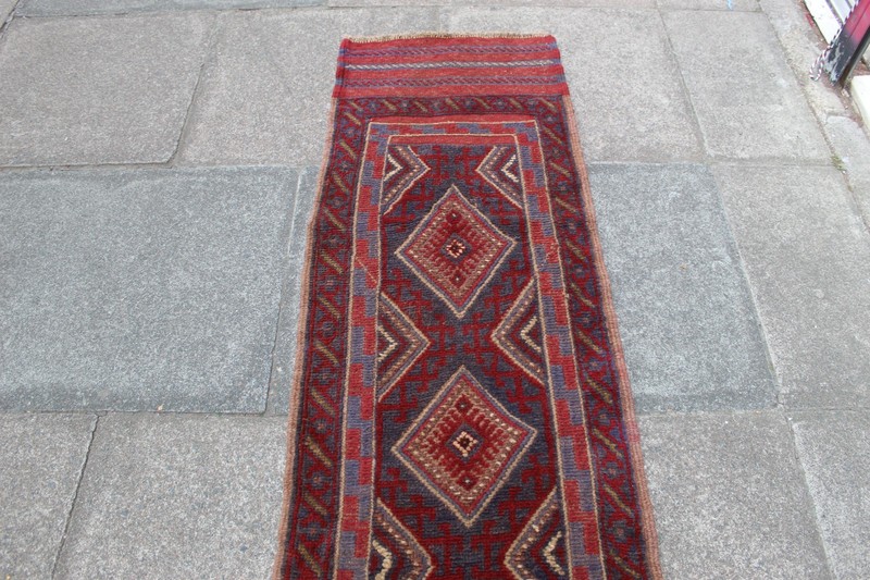 Vintage Hand Made Afghan Mushvani Oriental Red Blue Wool Narrow Runner 245x60cm gallery