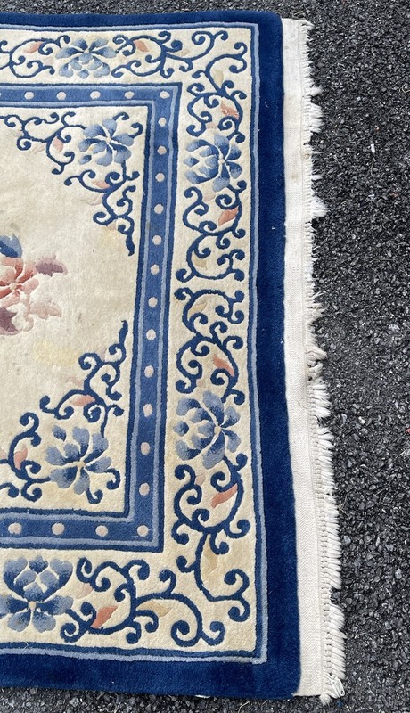 Gorgeous C1960 Hand Tied Sculpted Chinese Blue & White Peking Style Wool Rug gallery