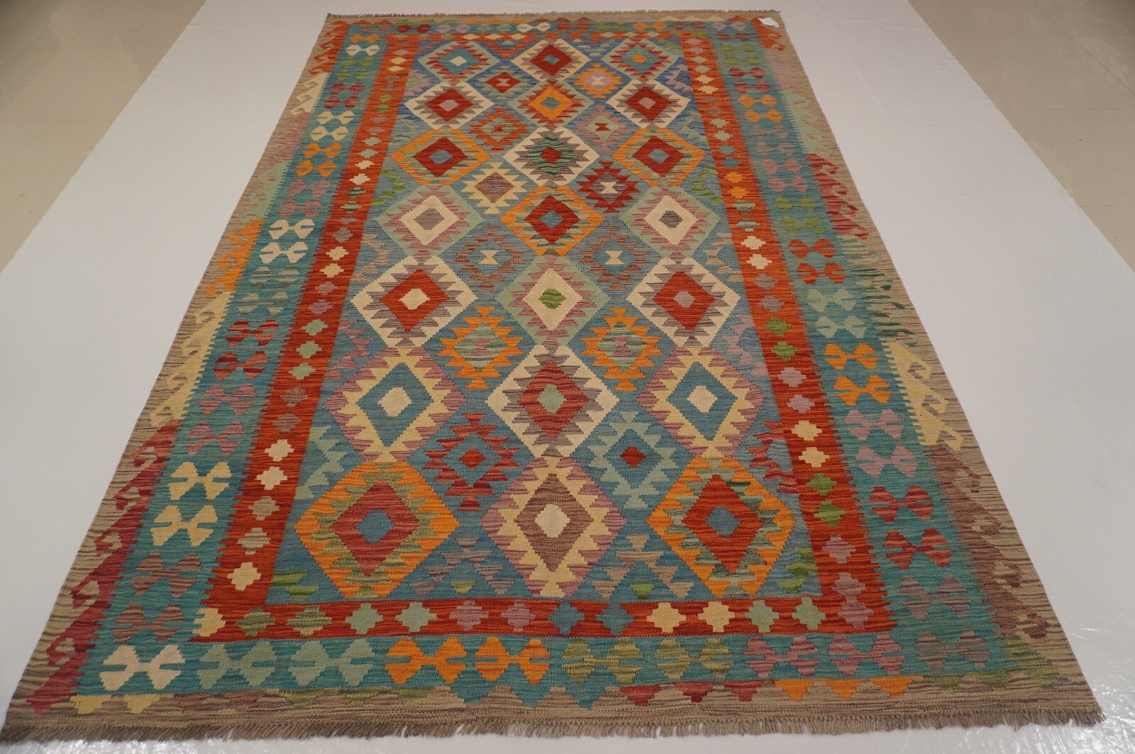 7x10 Blue Gray Reversible Afghan Hand Woven Wool Bohemian Area Rug 6'5"x9'9" gallery