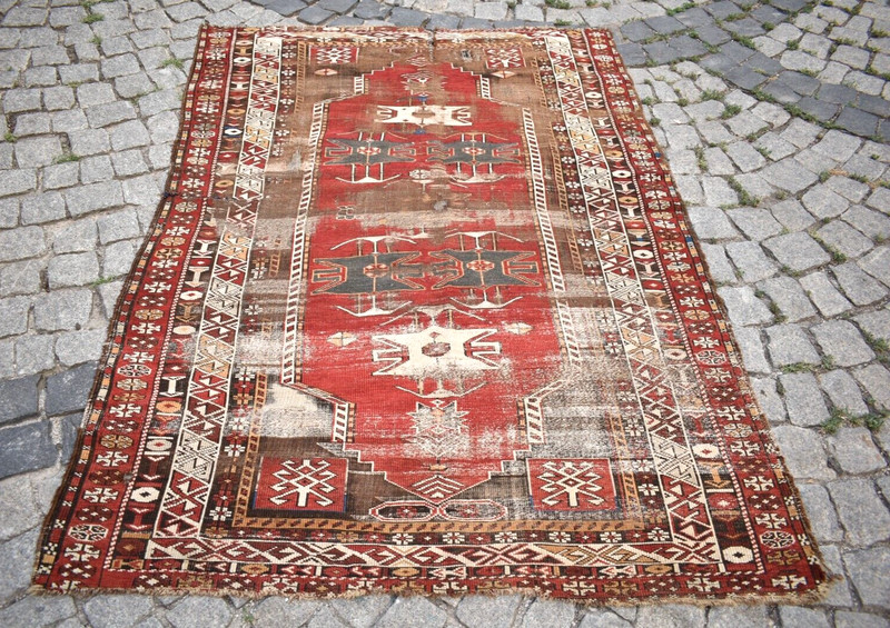 Fabulous Antique Caucasian Rug 52'' x 69'' Collectors Item Shabby Chic Worn Rug gallery
