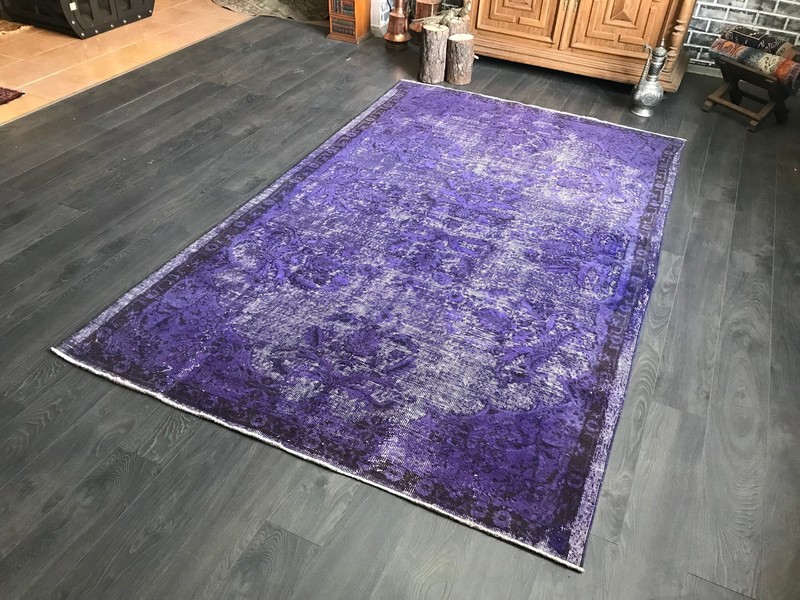 5.3x8.7 Large Vintage Purple Turkish Oushak Wool Rug , Overdyed Purple Rug gallery