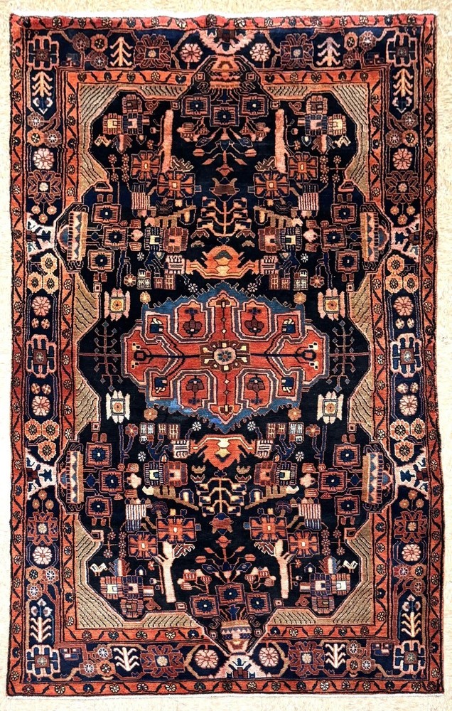 Vintage Handknotted Navy Blue Tribal Nahavand Wool Oriental Area Runner Rug 5x10