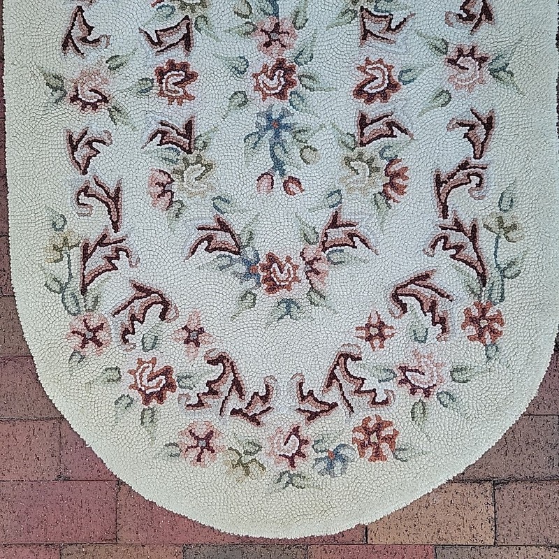 Floral Needlepoint Rug Oval Handmade Primitive Punch Needle Earth Tone 33x54 GVC gallery