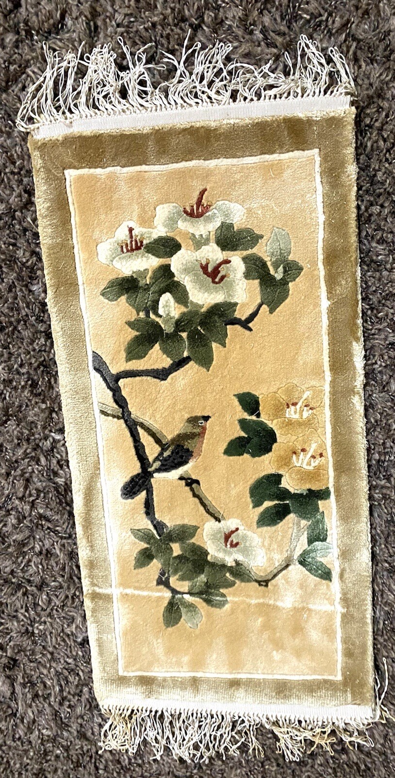 Vintage Chinese Silk Rug/Wall Hanging Pine & Crane Brand Shanghai Silk Carpets gallery