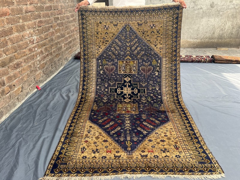 Antique Afghan War Rug 3'9x6'6 – Handmade Wool Tribal Blue Beige Geometric Rug gallery