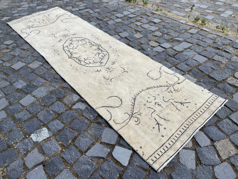 Vintage Turkish Runner Rug, Hand-Knotted Wool, Cream Black Minimalist Runner gallery