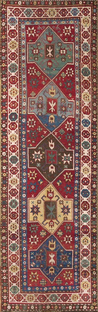 3'x11' Antique Late 19th Century Tribal Geometric Caucasian Red Hallway Runner