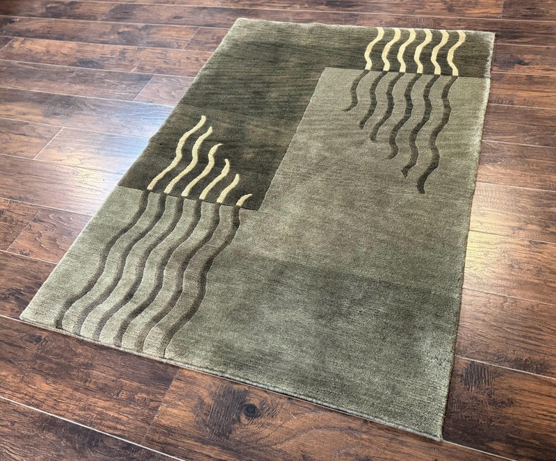 Modern Tibetan Wool Rug 3.6 x 5.6, Shades of Green, Abstract Design gallery