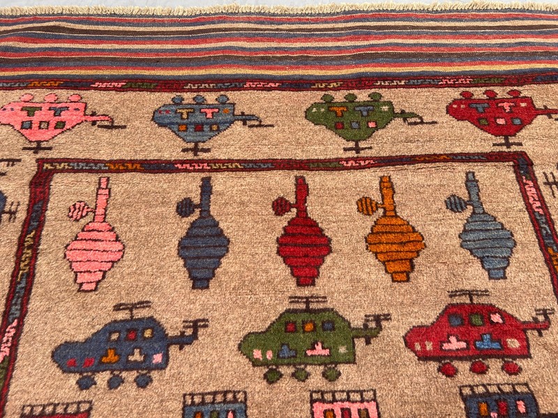 Beige 4x6 Afghan War Rug Hand Knotted Wool Vintage Pictorial Tribal Office Rug gallery