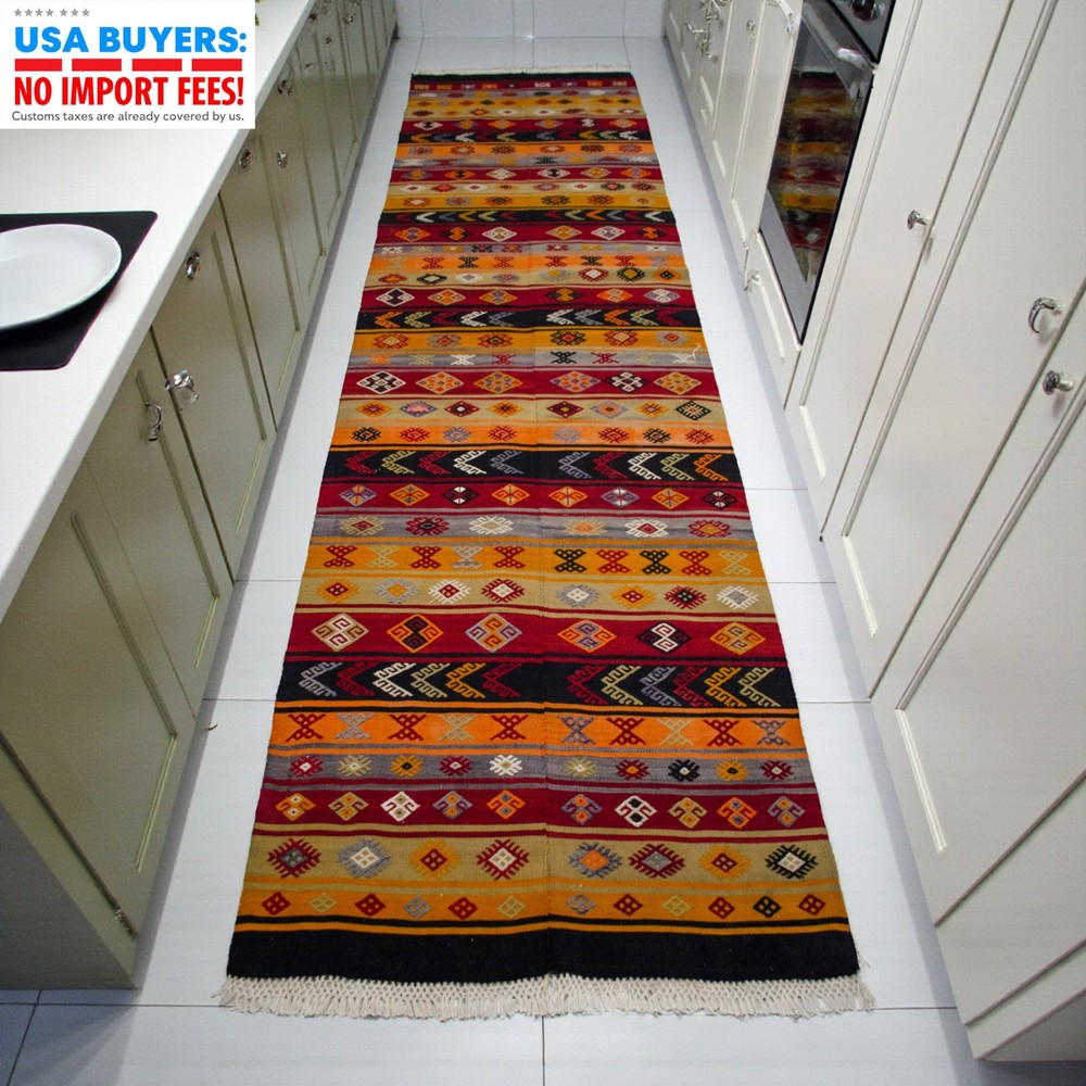 Handmade vintage runner rug Turkish kilim embroidered hallway decor rug 3x12 ft