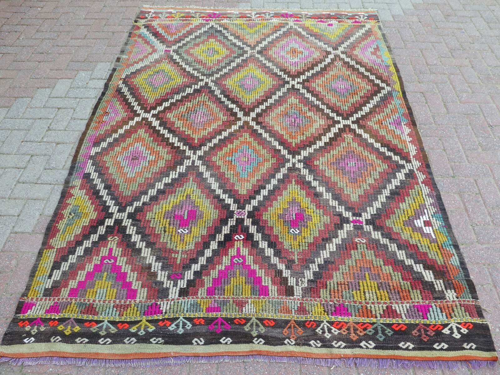 Large Bohemian Geometric Vintage Rug, Multicolor Diamonds Handwoven Rug 75"x106" gallery