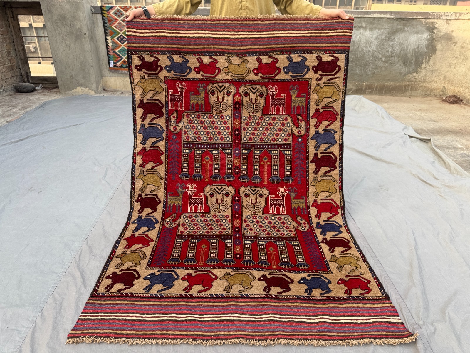 Vintage Afghan Hand Knotted Pictorial Rug 4'1x6'4 Wool Animal Tribal Wall Rug gallery