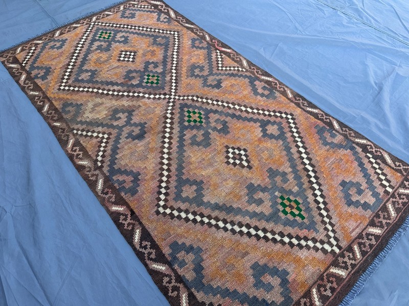 Vintage Terracotta Faded Kilim Rug Wool Geometric Tribal Handmade Kitchen Rug gallery