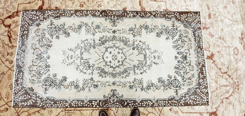 Antique Cr1930-1950's Natural Dye Distressed Wool Pile Oushak Area Rug 3'8"×7'3" gallery