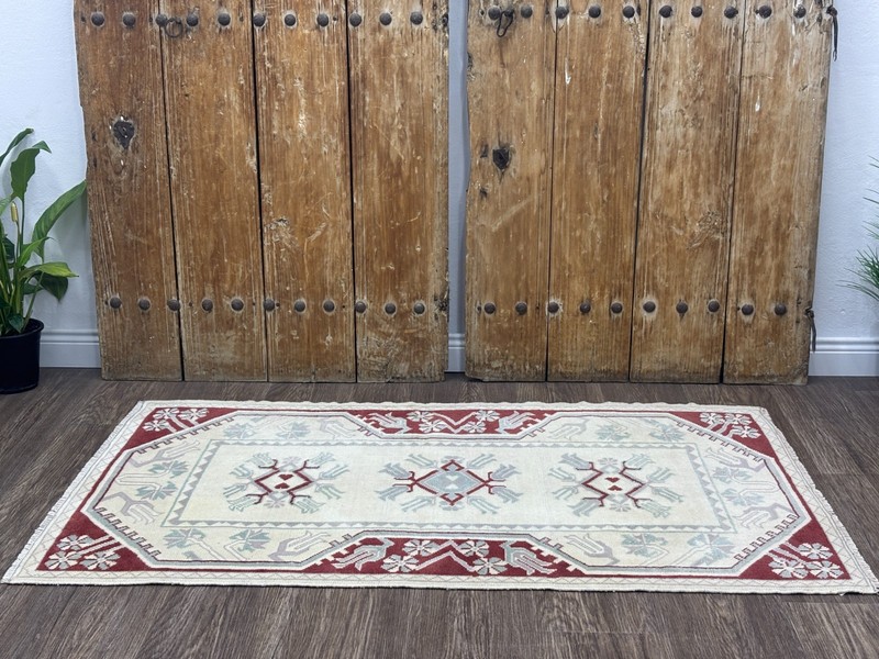 3x5 Vintage Neutral Turkish Rug, Hand-Knotted Antique Wool Rug, White Red Rug gallery