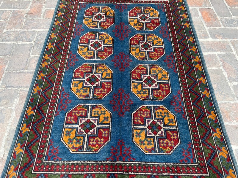 Blue Afghan Ersari Geometric Area Rug 4x6 ft Hand Knotted Tribal Bedroom Carpet gallery