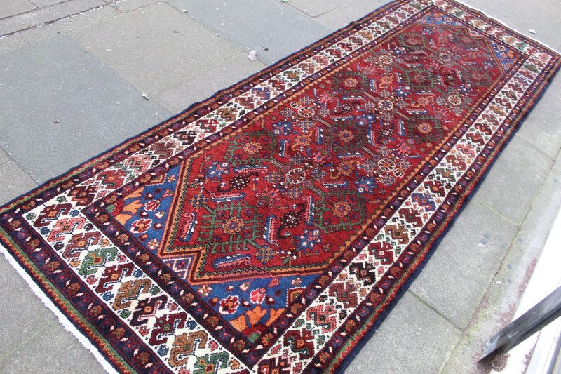 Vintage Hand Made Traditional Oriental Wool Red Blue Long Rug Runner 317x110cm gallery