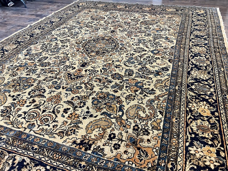 Antique Oriental Rug 9x11 Wool Handmade 1920s Carpet Cream Black Floral Allover gallery