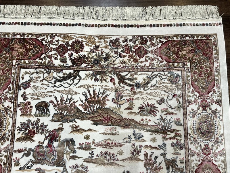Turkish Silk Hunting Scene Rug 4x6, Ivory, Bamboo Silk, New gallery