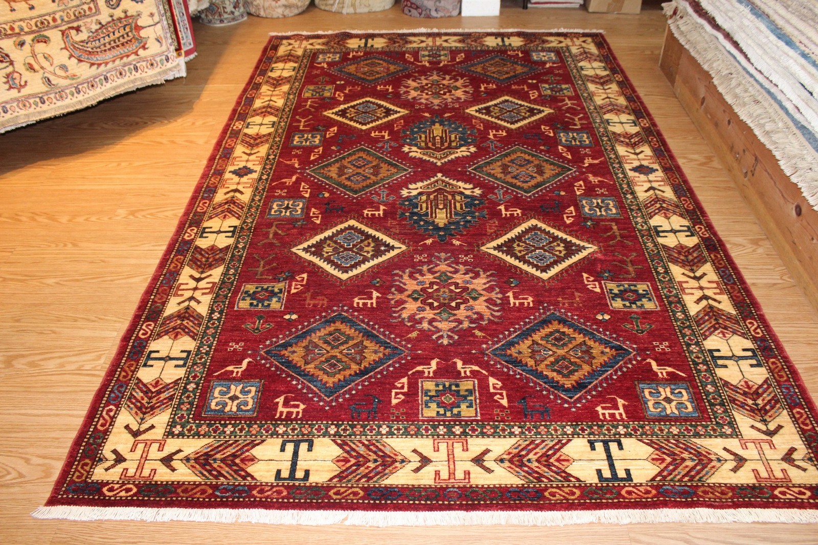 9' X 6' AUTHENTIC Handmade Rug Caucasian Kazak Design From Afghanistan Red color gallery